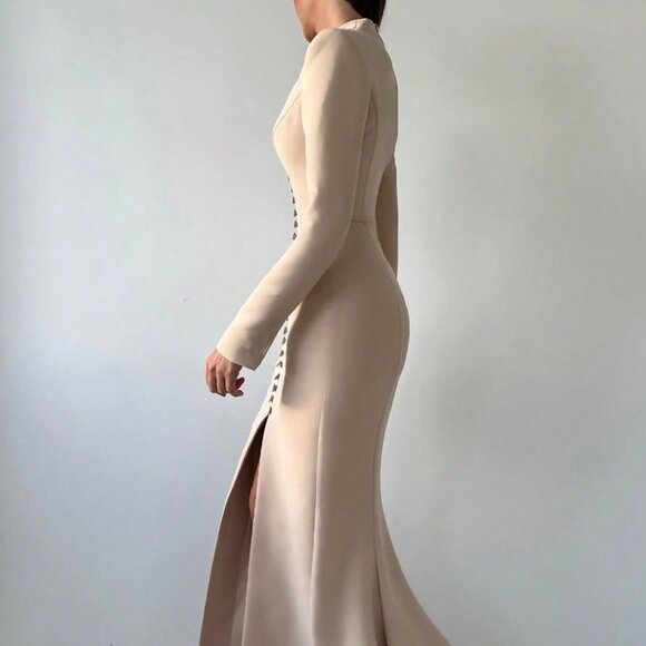 Khaki Elegant Women's Long Sleeve Formal Dress - Picture 6 of 7